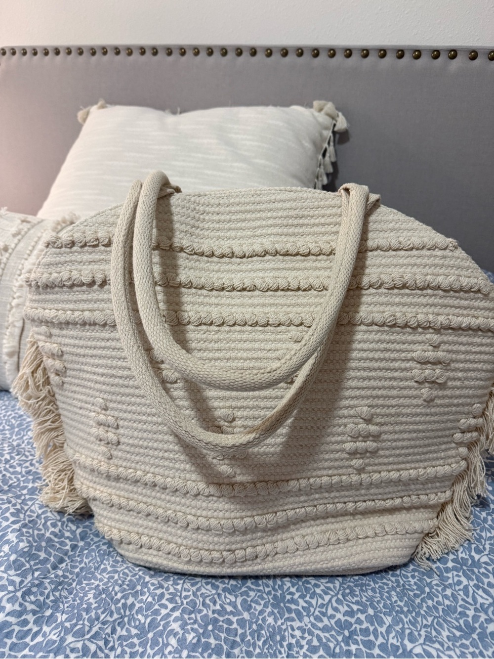 Cream Textured Tote Bag with Fringe - Stylish Everyday Carry